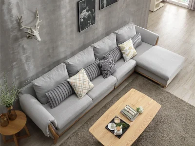 Ghế sofa góc đệm vải viền da gỗ sồi L22