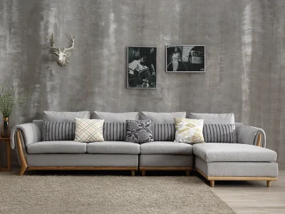 Ghế sofa góc đệm vải viền da gỗ sồi L22