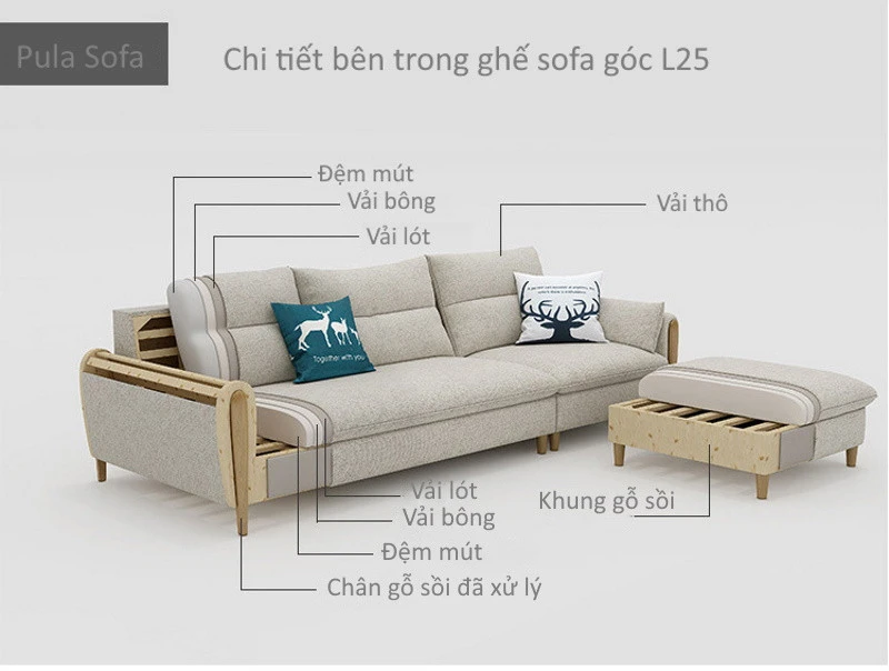 Ghế sofa góc đệm vải viền gỗ sồi L25