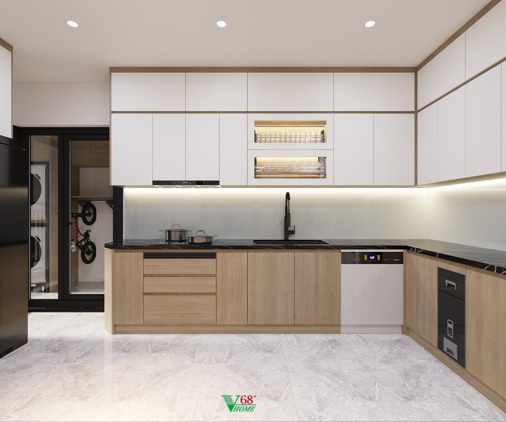 Tủ bếp dưới cánh phủ Melamine màu vân gỗ sồi