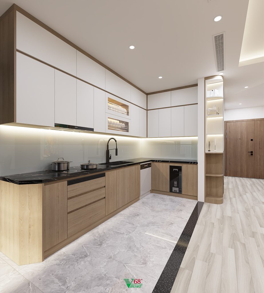 Tủ bếp chữ L tiết kiệm diện tích